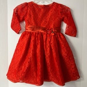 Girl’s Formal/Holiday Dress, Size 5, Red Floral Lace, Sash Tie, Peachy Kids